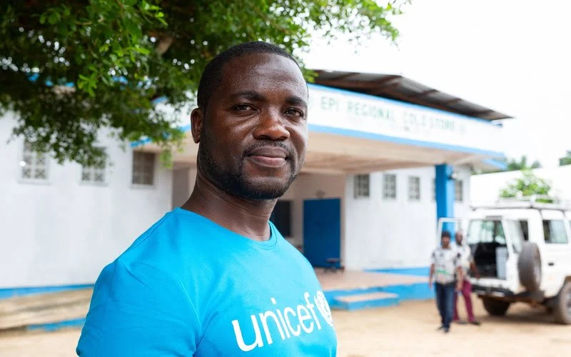 Evans Lablah, a UNICEF immunization specialist, outside the Bong County cold storage facility in Liberia on July 29, 2025.